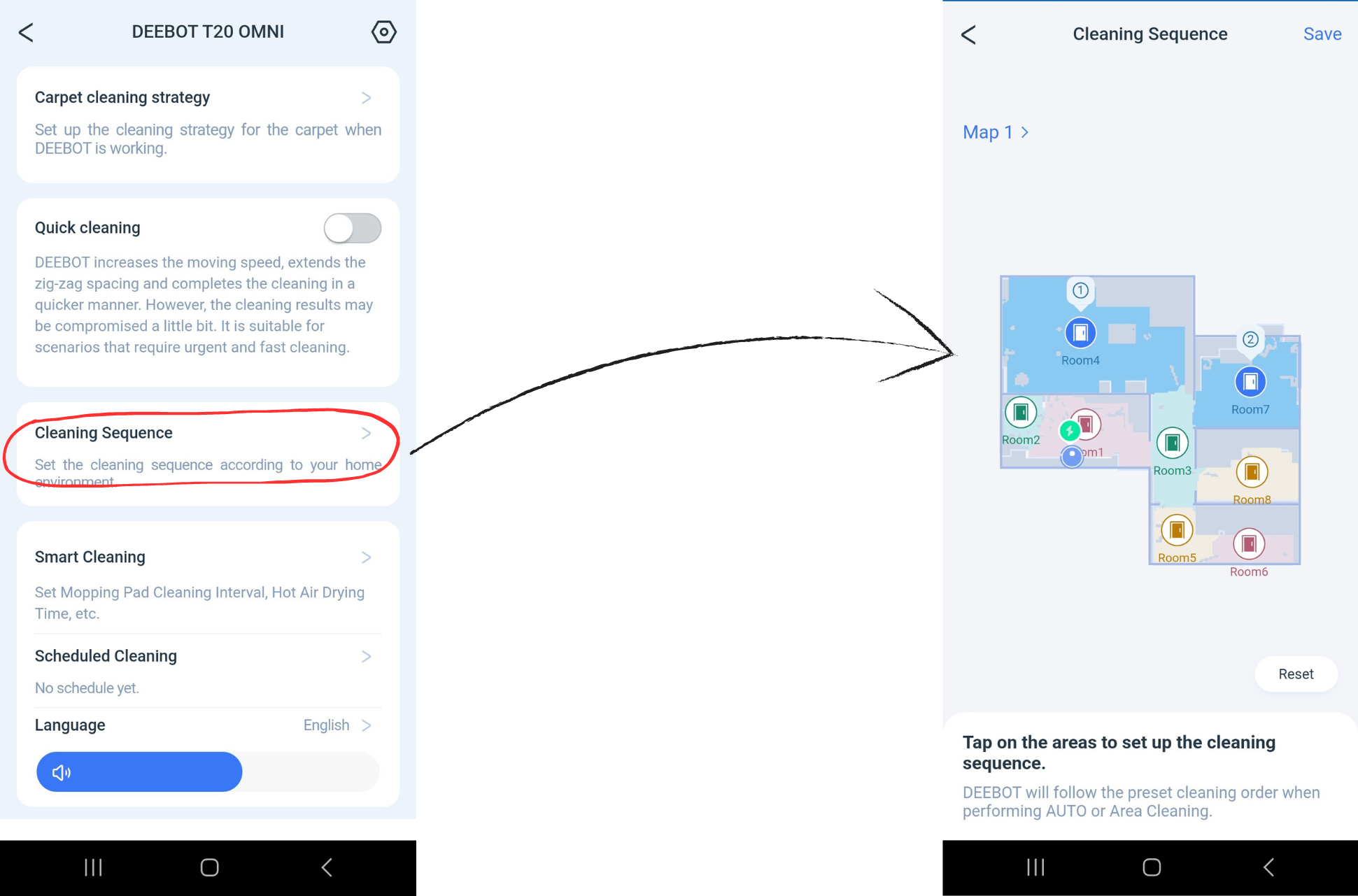 Die Reinigungsreihenfolge der Räume wird in der ECOVACS DEEBOT T20 OMNI App ausgewählt.